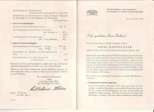 VEB Optik Carl Zeiss Jena (Hrsg.): Konvolut OPTIK CARL ZEISS JENA VEB - 1. Brief vom 20. Januar 1950 Betr.: Zeiss-Haftgläser (Anlage: 1 Rundschreiben an...