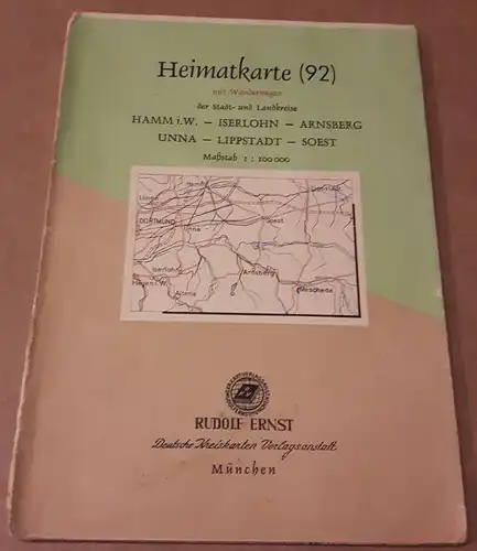 DKV (Hrsg.): Heimatkarte (92) mit Wanderungen der Stadt- und Landkreise Hamm in Westfalen, Iserlohn, Arnsberg, Unna, Lippstadt, Soest - Maßstab 1:100000 - Werbung: Spar- und Darlehnskasse Balve. Um 1960 zu datieren. 