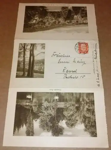 Bad Liebenstein: Faltbrief Faltkarte Bad Liebenstein - postalisch 1932 gelaufen, beschrieben - zeigt insgesamt 4 Ansichten: 1. unbetitelt, 2. Elisabeth-Park, 3. Bad Liebenstein Thür. Wald...