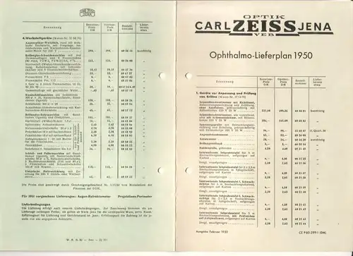 Carl Zeiss Jena (Hrsg.): Konvolut VEB Optik Carl Zeiss Jena 1950 - 1. Schreiben Februar 1950 Betr. Ophthalmo-Lieferplan - 2. Ophthalmo-Lieferplan 1950 inkl. Benennung, Benutzerpreis, Optikerpreis, Bestellnummer und Liefertermin - keine Abbildungen. 