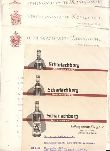 Höhengaststätte Königstuhl Heidelberg (Hrsg.): Schreiben vom 15. August 1957 bzgl. Mittagessen Sängerreise nach Heidelberg Höhengaststätte Königstuhl Alfred Schlag OHG. Heidelberg - anbei Speisenkarte vom 7...