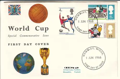 World Cup Special Commemorative Issue First Day Cover - Wembley, Middox. 1 Jun 1966 First day of issue - World Cup 1966 - 3 Werte gestempelt - 1 Stempel blank - auf Umschlag - ungelaufen. 