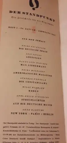 Der Standpunkt - Heft 1 Januar Jahrgang 1947 - Auflage 50000 Stück - Die Zeitschrift für die Gegenwart - Inhalt: Die Deutsche Frage / Göttingen...