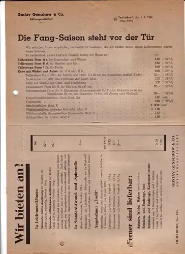 Gustav Genschow & Co. AG: Drucksache / postalisch gelaufener Brief mit einem Zusatzblatt an einen Uhrmacher von Gustav Genschow & Co. AG, Troisdorf, den 1.9.1948...
