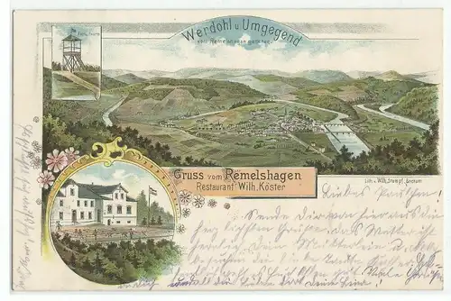 AK Litho Werdohl und Umgebung Gruß vom Remelshagen Restaurant Wilh. Köster Felix Thurm 1897 gelaufen. 