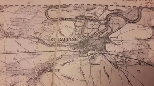Karte Landkarte Straubing - Papierkarte professionell mit Leinen hinterlegt - Straubing auf Leinen aufgedruckt oder geschrieben - innen: I. Division Blatt 1 - mit Längen-/Breitenangaben...