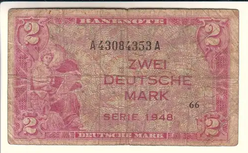 Banknote A43084353 A - Zwei Deutsche Mark Serie 1948 - bez. mit 66 - rötlich. 