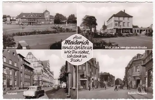 AK Aus Meiderich sende Grüße ich Mehrbildkarte Bahnhof Postamt Bahnhofstraße von-der-Mark-Straße Duisburg 1958 gelaufen. 