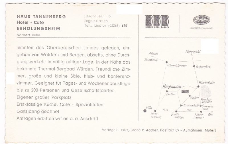 Ak Werbekarte Berghausen Engelskirchen Haus Tannenberg Hotel Cafe