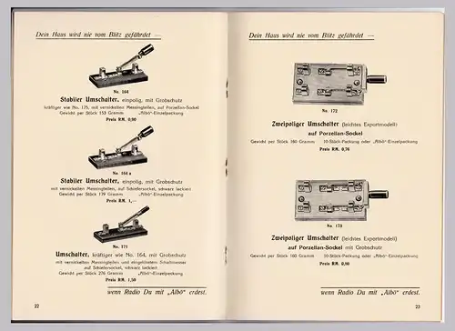 Albö Albert Böttinger Ruhla Radio Antennenmaterial Liste Katalog Zubehör 1933. Albö Antennenmaterial Radiozubehör. Albert Böttinger Metallwaren-Fabrik. Spez.-Abt.: Radiotechnische Artikel. Ruhla in Thüringen. Gegründet 1864. ALBÖ-Radio...