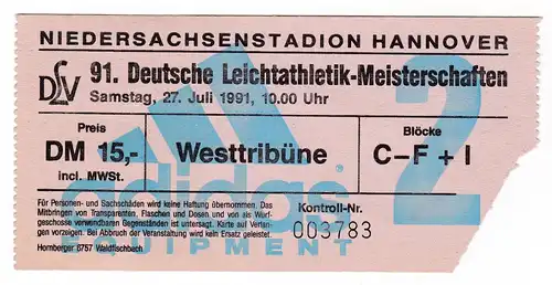 Eintrittskarte 91. Deutsche Leichtathletik-Meisterschaften Hannover DLV 1991