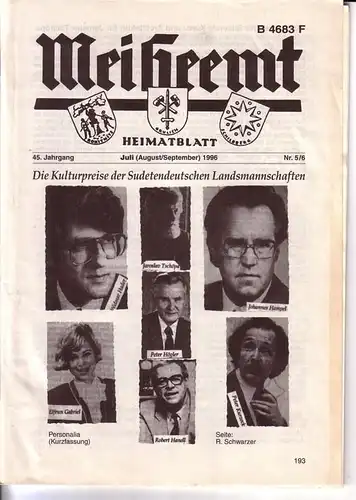 Verein der Adlergebirgler e.V. (Hrsg.): Mei Heemt Heimatblatt 45. Jahrgang Juli (August/September) 1996 Nr. 5/6 - Front: Die Kulturpreise der Sudetendeutschen Landsmannschaften - ANBEI Faltblatt:...
