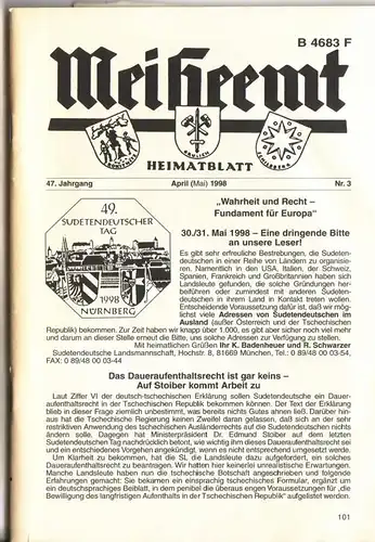 Verein der Adlergebirgler e.V. (Hrsg.): Mei Heemt Heimatblatt 47. Jahrgang April (Mai) 1998 Nr. 3 - Front: 49. Sudetendeutscher Tag 1998 Nürnberg - MEI HEEMT...