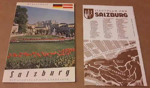 Österreichisches Propagandabüro (Hrsg.): Salzburg - Kurzführer - Mit Stadtplan und Landkarte [auf einer Faltkarte anbei, eine Seite Landkarte, andere Seite Stadtplan, randständig auf Landkartenseite kl. Werbeanzeigen]. 