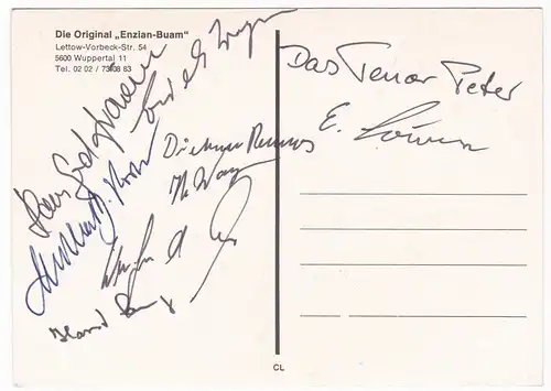 AK Autogrammkarte Die Original Enzian-Buam, umseitig mehrere Unterschriften/Signaturen, ungelaufen
