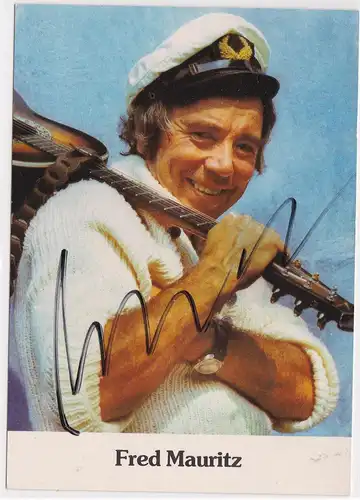 Autogrammkarte Fred Mauritz signiert, Der singende Seemann, umseitig Diskographie