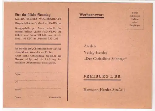 Verlag Herder (Hrsg.): Werbeantwort - Firmenpostkarte - An den Verlag Herder  Der Christliche Sonntag  Freiburg i. Br. Hermann-Herder-Straße 4 - bzgl. Probe-Bestellung...