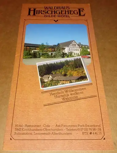 Waldhaus Hirschgehege Gilde-Hotel (Hrsg.): Waldhaus Hirschgehege Gilde-Hotel / Hotel Restaurant Cafe Am Panorama-Park Sauerland 5942 Kirchhundem-Oberhundem / Sprachen: deutsch, englisch, niederländisch - ANBEI Preisliste (Inh. M. Doepp). 