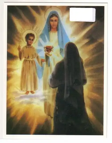 ohne Autor: Heiligenbild / Erscheinung - Schwester Luzia - Heiligste Jungfrau und ein Kind in einer leuchtenden Wolke - Pontevedra - Rückseite mit Text/Informationen zur Erscheinung am 10. Dezember 1925. 