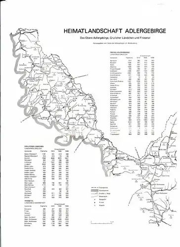 Verein der Adlergebirgler e.V. Waldkraiburg (Hrsg.): Heimatlandschaft Adlergebirge - Das Obere Adlergebirge, Grulicher Ländchen und Friesetal - Kartenabbildung, Fläche/ha, Einwohnerzahlen 1910/1930/1939. 