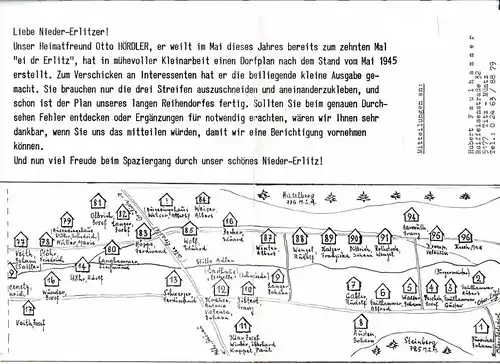 Heimatfreund Otto Hördler (Hrsg.): Karte/Dorfplan nach dem Stand vom Mai 1945 Nieder-Erlitz [...] Sie brauchen nur die drei Streifen auszuschneiden und aneinanderzukleben, und schon ist...