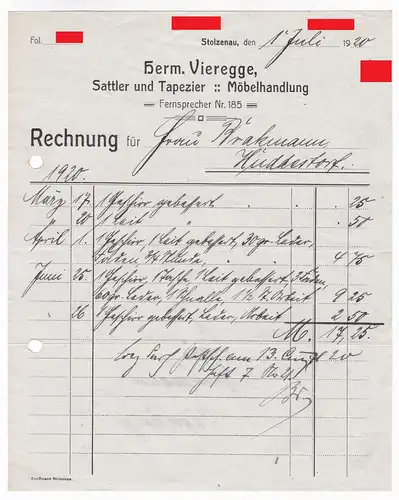 Rechnung Herm. Vieregge, Sattler und Tapezier, Möbelhandlung, Stolzenau 1920