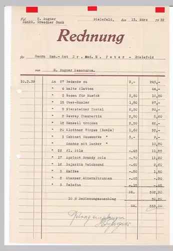 Rechnung H. Bogner Ressource, Gaststätte Bewirtung ?, Bielefeld 1939