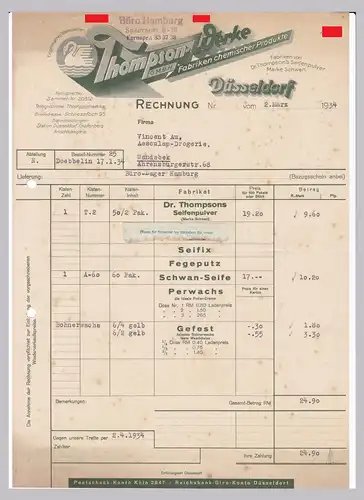 Rechnung Thompson-Werke GmbH, Fabriken chemischer Produkte, Dr. Thompson's Seifenpulver Marke Schwan, Düsseldorf 1934