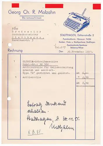 Rechnung Georg Ch. R. Molzahn, Büromaschinen, Stadthagen 1951