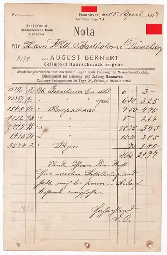 Rechnung Nota von August Bernert, Celluloid Haarschmuck engros, Hannover 1909