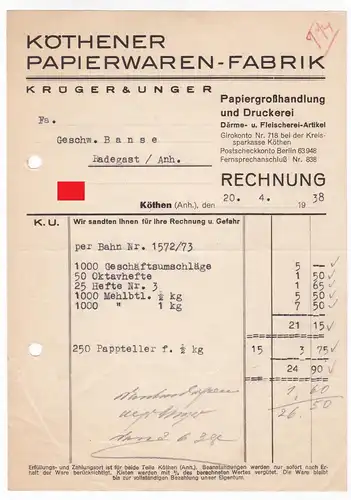 Rechnung Krüger & Unger, Köthener Papierwaren-Fabrik, Papiergroßhandlung und Druckerei, Därme- und Fleischerei-Artikel, Köthen Anhalt 1938