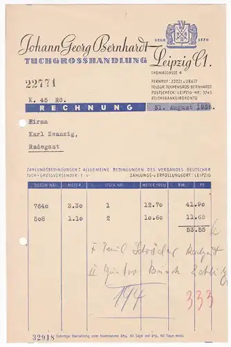 Rechnung Johann Georg Bernhardt, Tuchgroßhandlung, Leipzig C1 1936