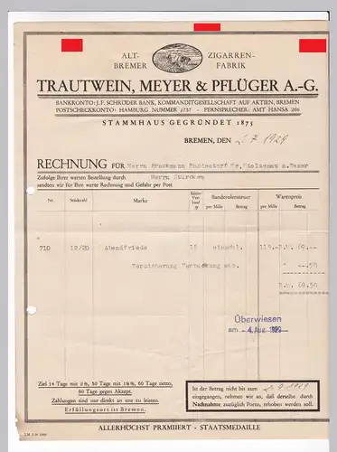 Rechnung Trautwein, Meyer & Pflüger AG, Altbremer Zigarrenfabrik, Bremen 1929