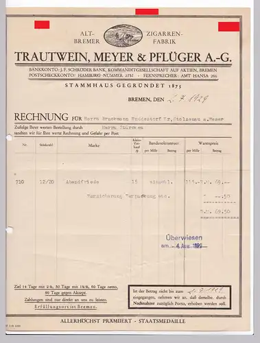 Rechnung Trautwein, Meyer & Pflüger AG, Altbremer Zigarrenfabrik, Bremen 1929
