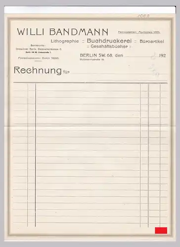 Rechnung BLANKO Willi Bandmann, Lithographie Buchdruckerei Büroartikel Geschäftsbücher, Berlin 1920er Jahre