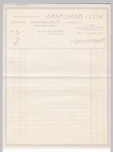 Rechnung BLANKO Willi Bandmann, Lithographie Buchdruckerei Büroartikel Geschäftsbücher, Berlin 1920er Jahre