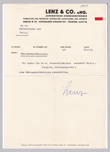Schreiben Währungsbescheinigung Lenz & Co. oHG., Automatische Steuerungstechnik, Fabrikation und Reparatur elektrischer Schaltuhren und Apparate, Berlin 1957