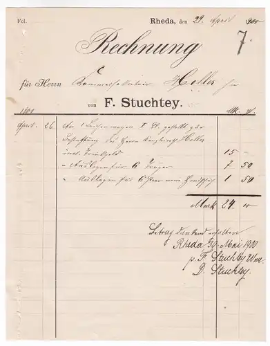 Rechnung F. Stuchtey, Rheda 1900