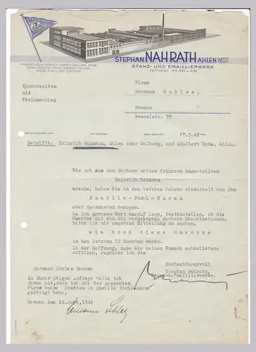 Schreiben Stephan Nahrath, Stanz- und Emaillierwerk, Ahlen Westf. 1946