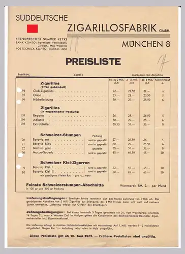 Schreiben Preisliste Süddeutsche Zigarillosfabrik GMBH, München 1931