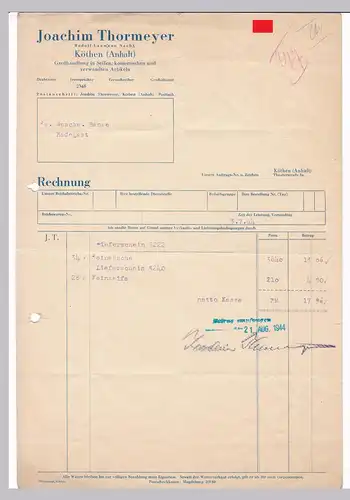 Rechnung Joachim Thormeyer, Rudolf Laumann Nachf., Großhandlung in Seifen, kosmetischen und verwandten Artikeln, Seife, Köthen Anhalt 1944