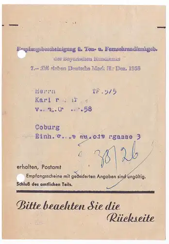 Gustav Ebel & Co. Solingen Besteck Spezialbesteckfabrik 1958 Rundfunkgebühren - Empfangsbescheinigung über Ton- und Fernsehrundfunkgebühren des Bayerischen Rundfunks mit umseitiger Privatanzeige / Werbeanzeige. Datiert 1958