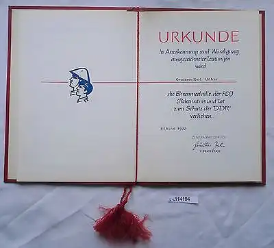 DDR Urkunde Ehrenmedaille der FDJ "Bekenntnis zur Tat zum Schutz der DDR(114194)