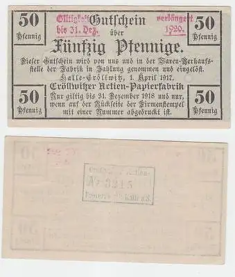 50 Pfennig Banknote Cröllwitzer Actien Papierfabrik Halle 1.April 1917 (111221)