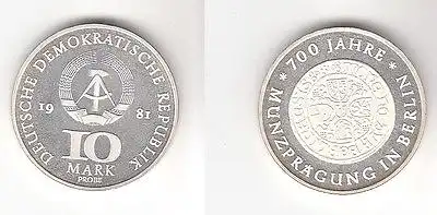DDR Gedenk Münzen 10 Mark 700 Jahre Münzprägung in Berlin 1981 Probe PP (118731)