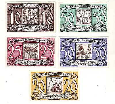 5 Banknoten 10,20,25,50,50 Pfennig Notgeld Kreis Schweinitz 1921 (116639)