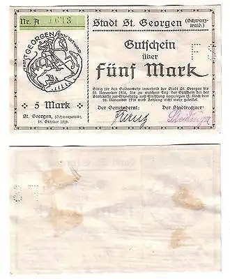 5 Mark Banknote Notgeld Stadt St.Georgen im Schwarzwald 1918 (112539)