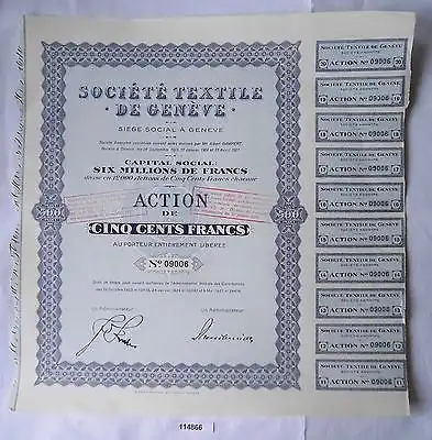Seltene Aktie Société textile de Genéve 500 Francs 27.Januar 1936