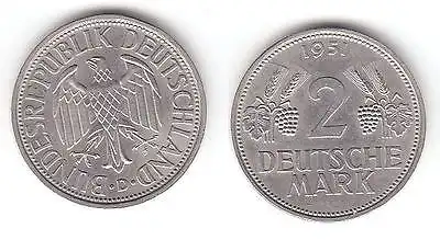 2 Mark Nickel Münze BRD Trauben und Ähren 1951 D (112852)