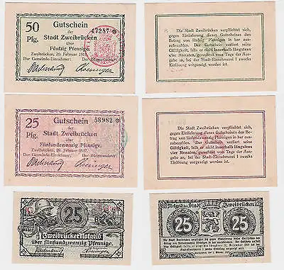 2 x 25 & 50 Pfennig Banknoten Notgeld Stadt Zweibrücken 1917/1919 (121357)